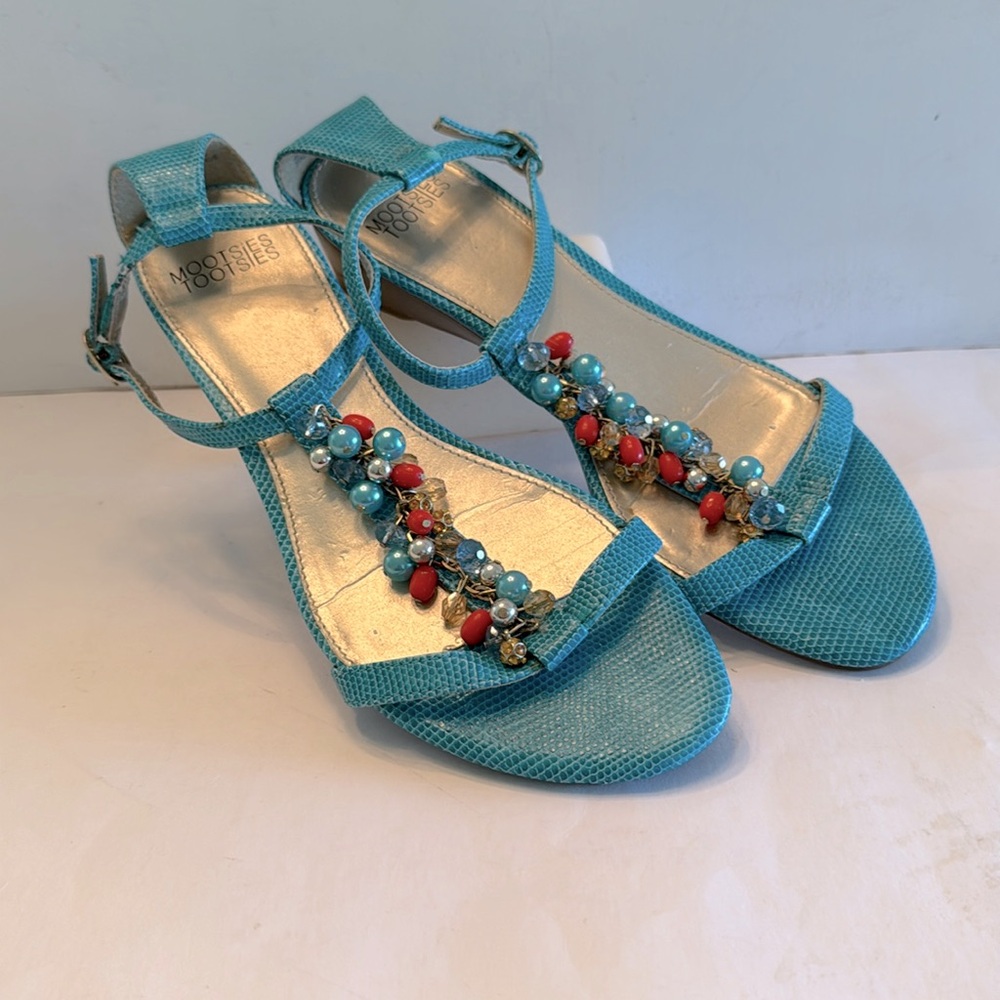 Mootsies Tootsies sandals wedge faux jewel beads peep toe turquoise 8 1/2
